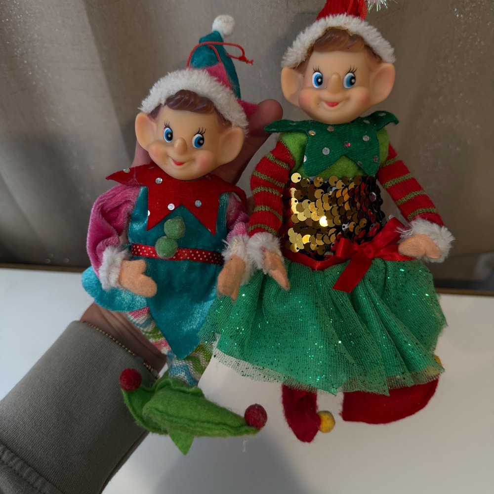 Christmas Elf Doll Ornaments Set of 2 Posable Sequin Tulle Holiday Decor Figures